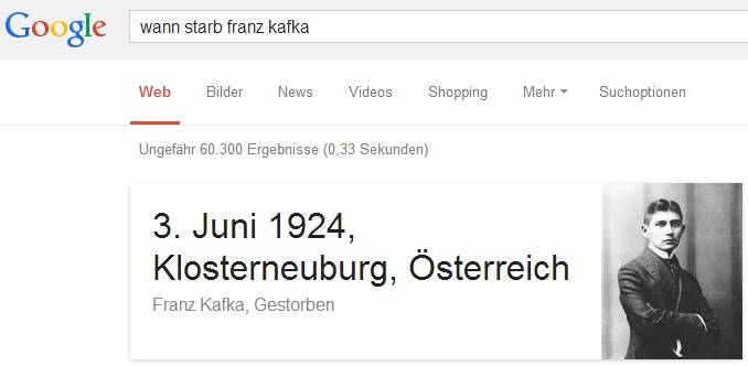 Googles Antwort auf die Suchanfrage: Wann starb Franz Kafka